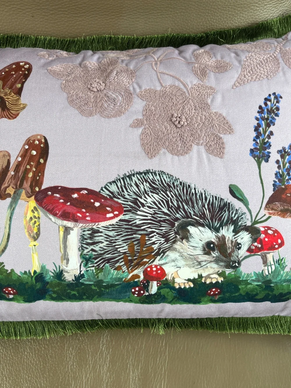 Lavender Hedgehog Decorative Throw Pillow with Green Fringe